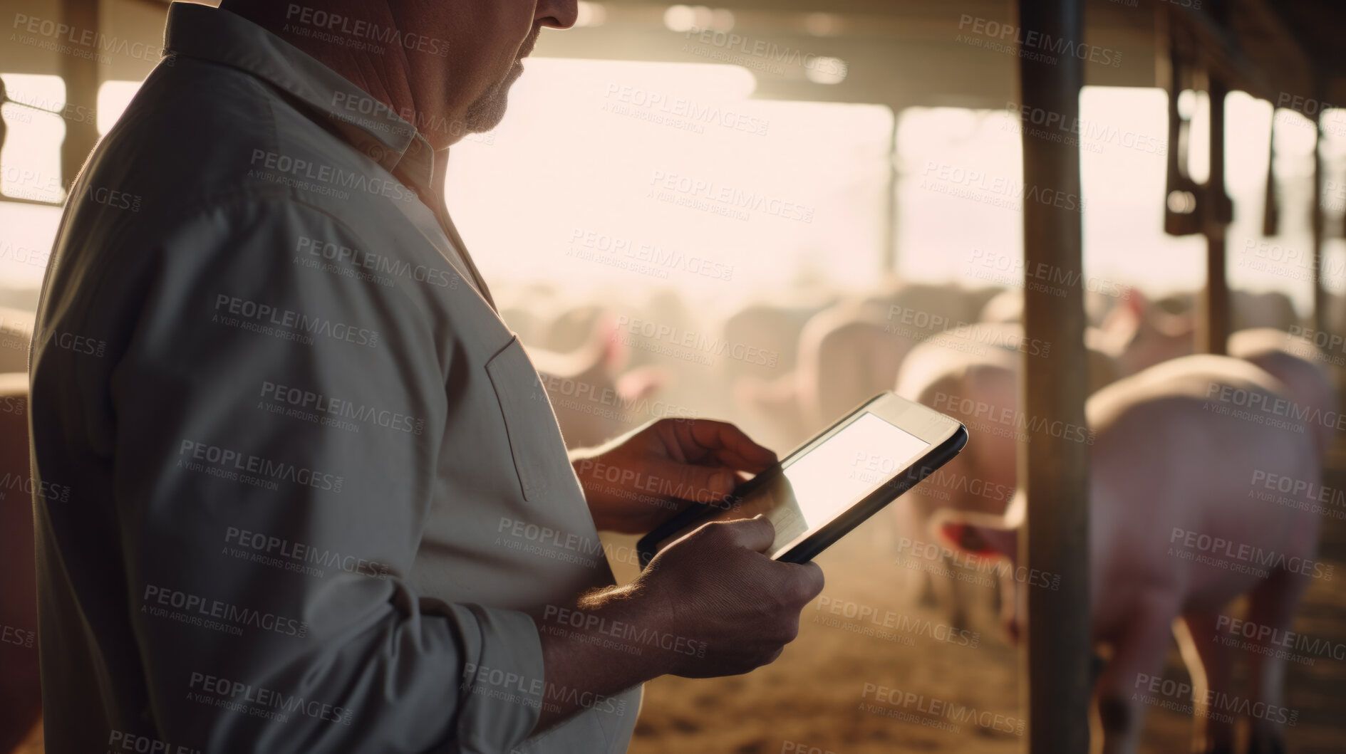Buy stock photo Farmer with pigs. Pig farming industry. Livestock pork breeding business.