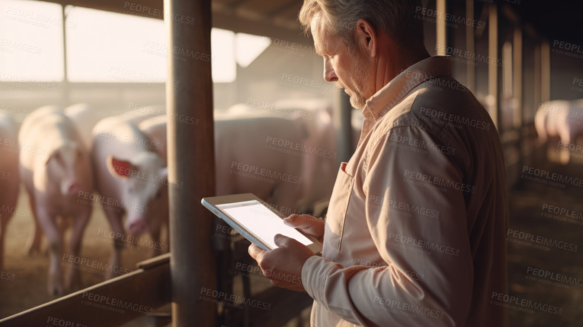 Buy stock photo Farmer with pigs. Pig farming industry. Livestock pork breeding business.