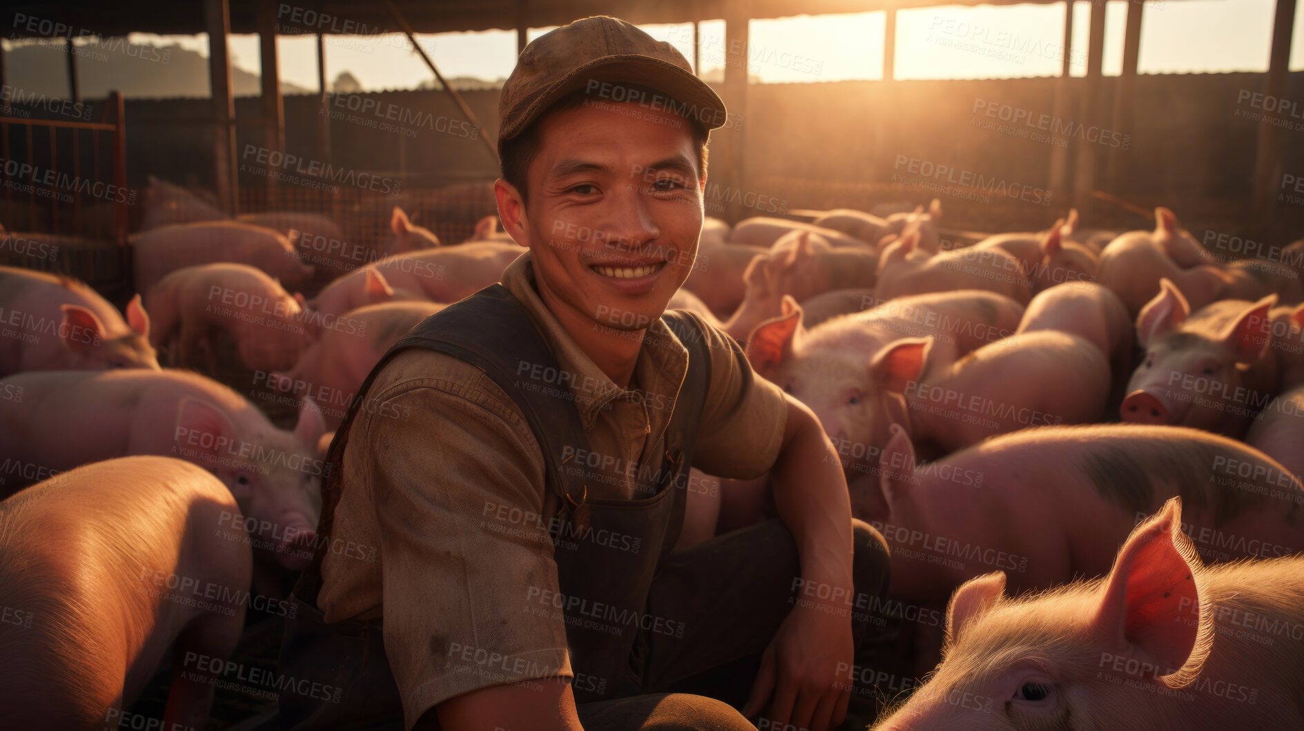 Buy stock photo Farmer with pigs. Pig farming industry. Livestock pork breeding business.