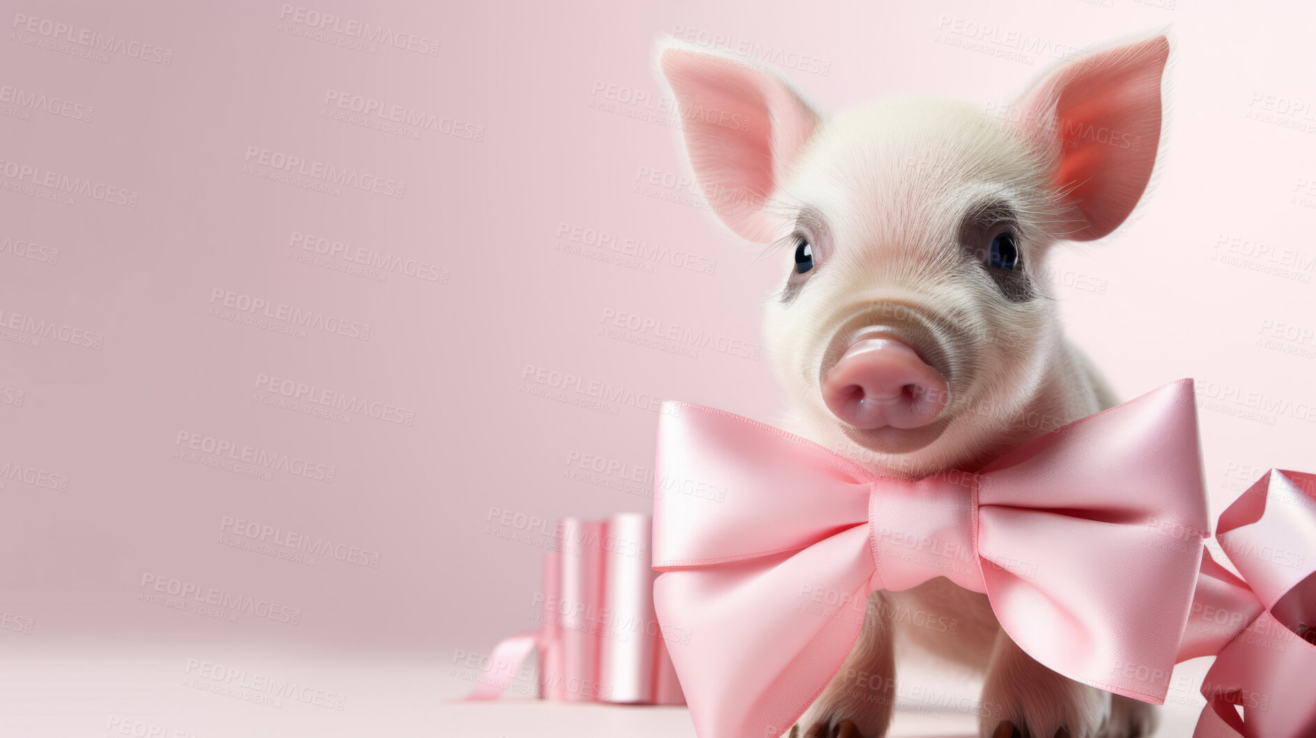 Buy stock photo Piglet in pink bow. Cute pet present idea. Surprise gift