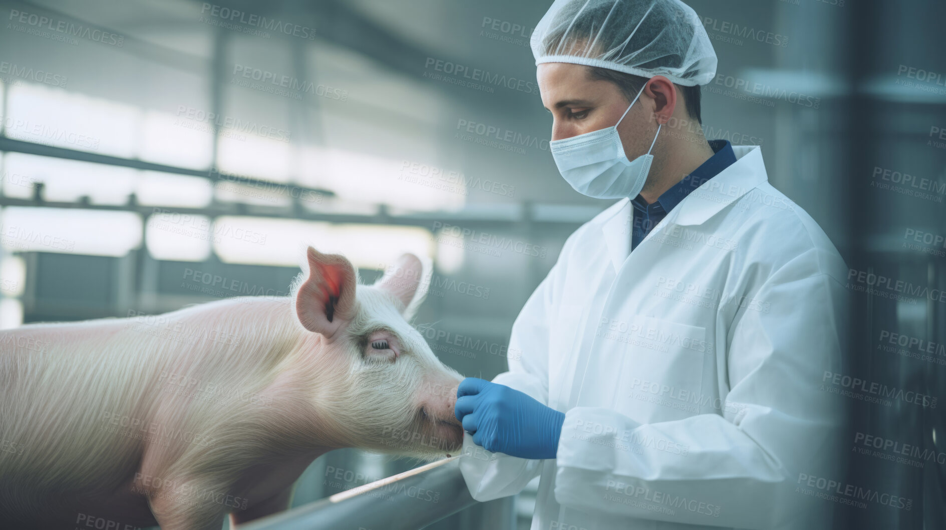 Buy stock photo Pig farming science industry. Livestock research and business.