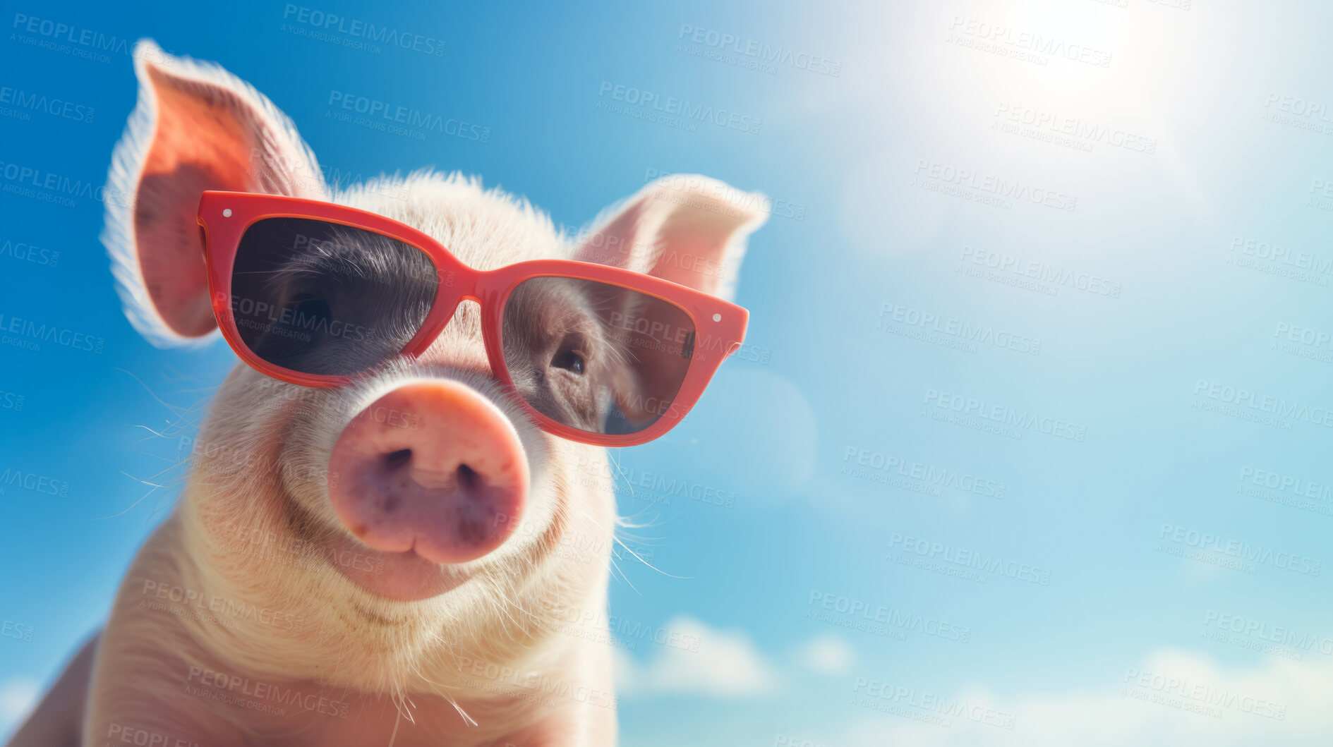 Buy stock photo Pig with sunglasses. Vacation holiday good life concept. Stress free living