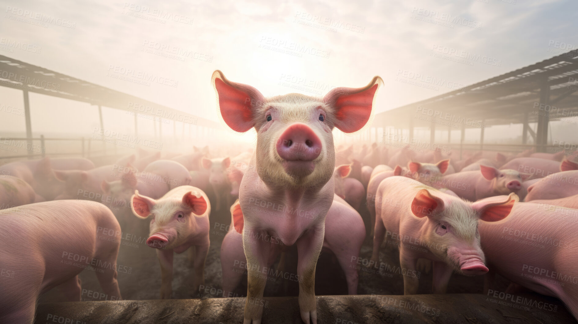 Buy stock photo Pig farming industry. Livestock pork breeding business.