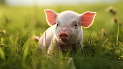 Piglet on green grass. Cute pet. Good life concept. Stress free living