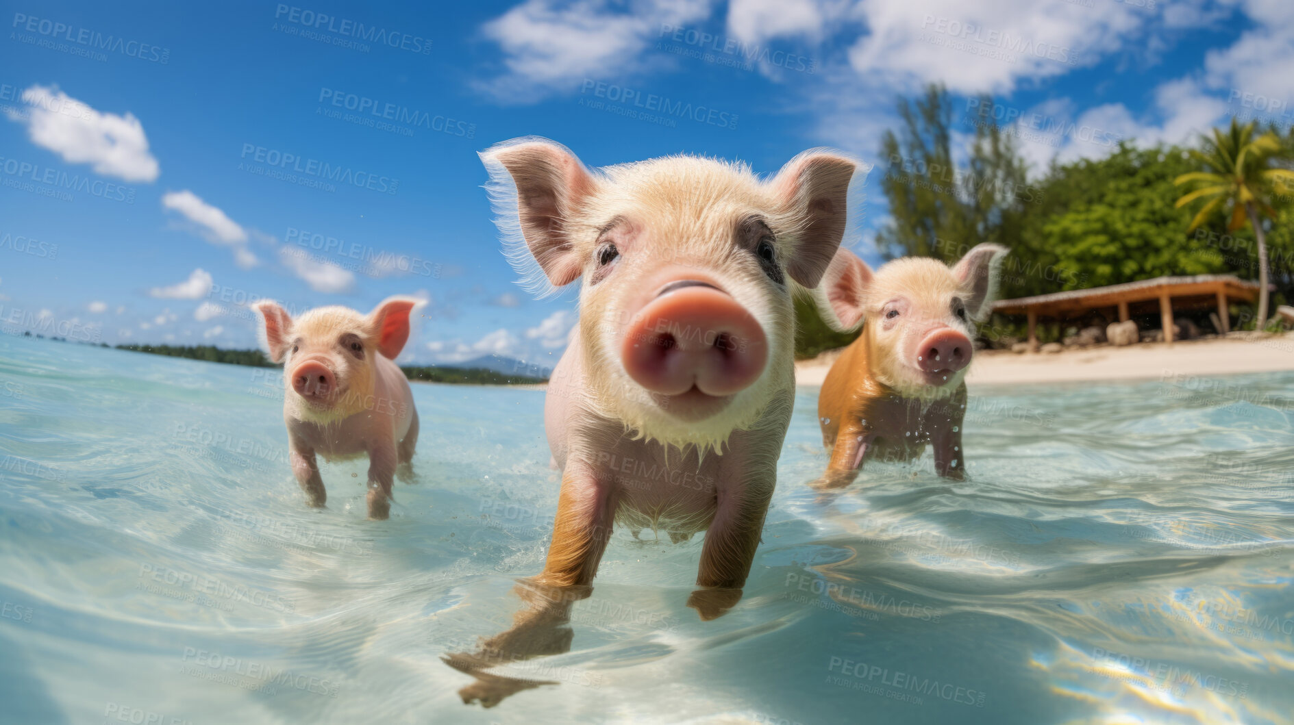 Buy stock photo Pigs swimming in ocean. Travel and tourist attraction. Good life concept