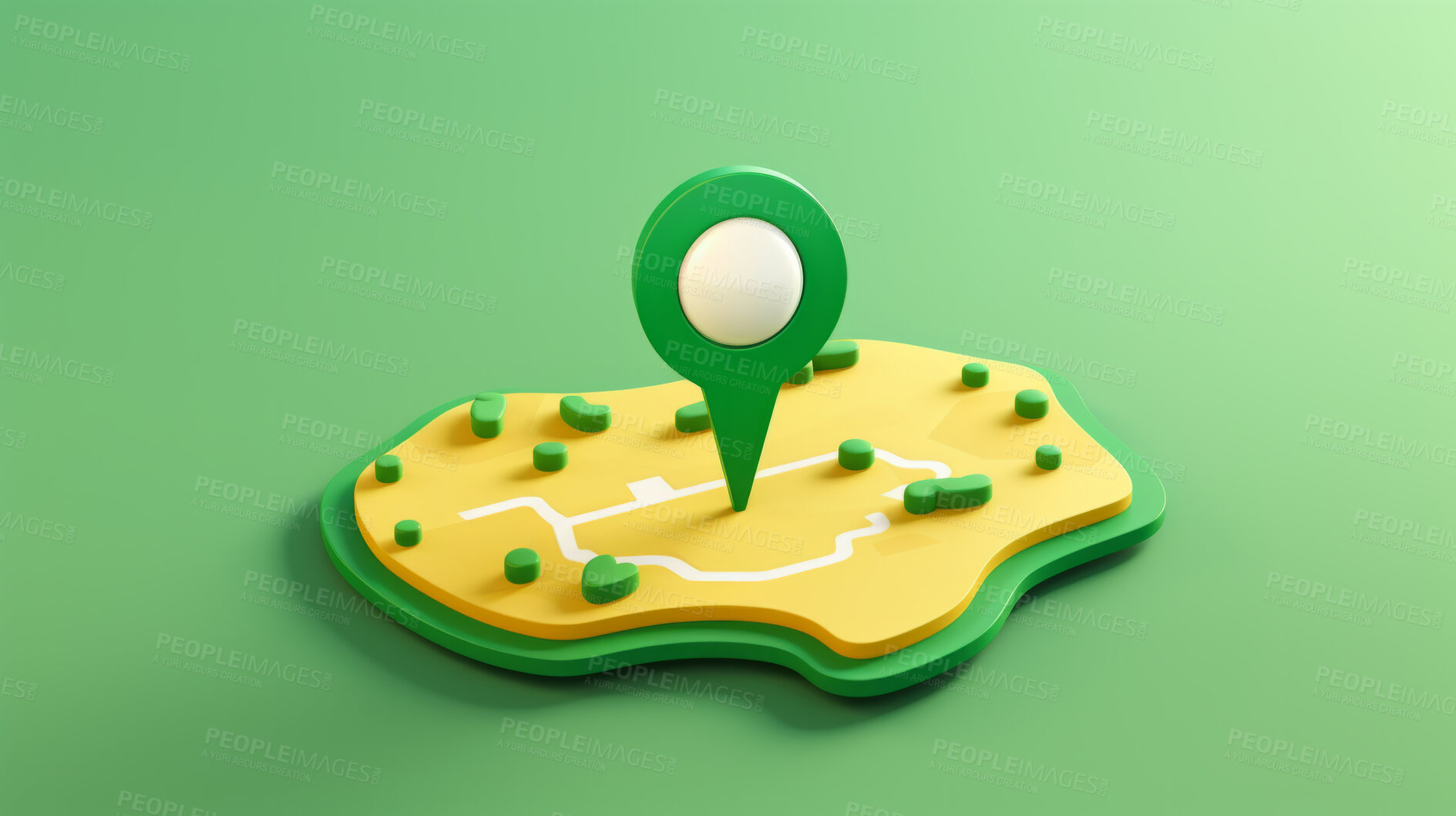 Buy stock photo 3D render of a location or gps icon and a map, against a green background