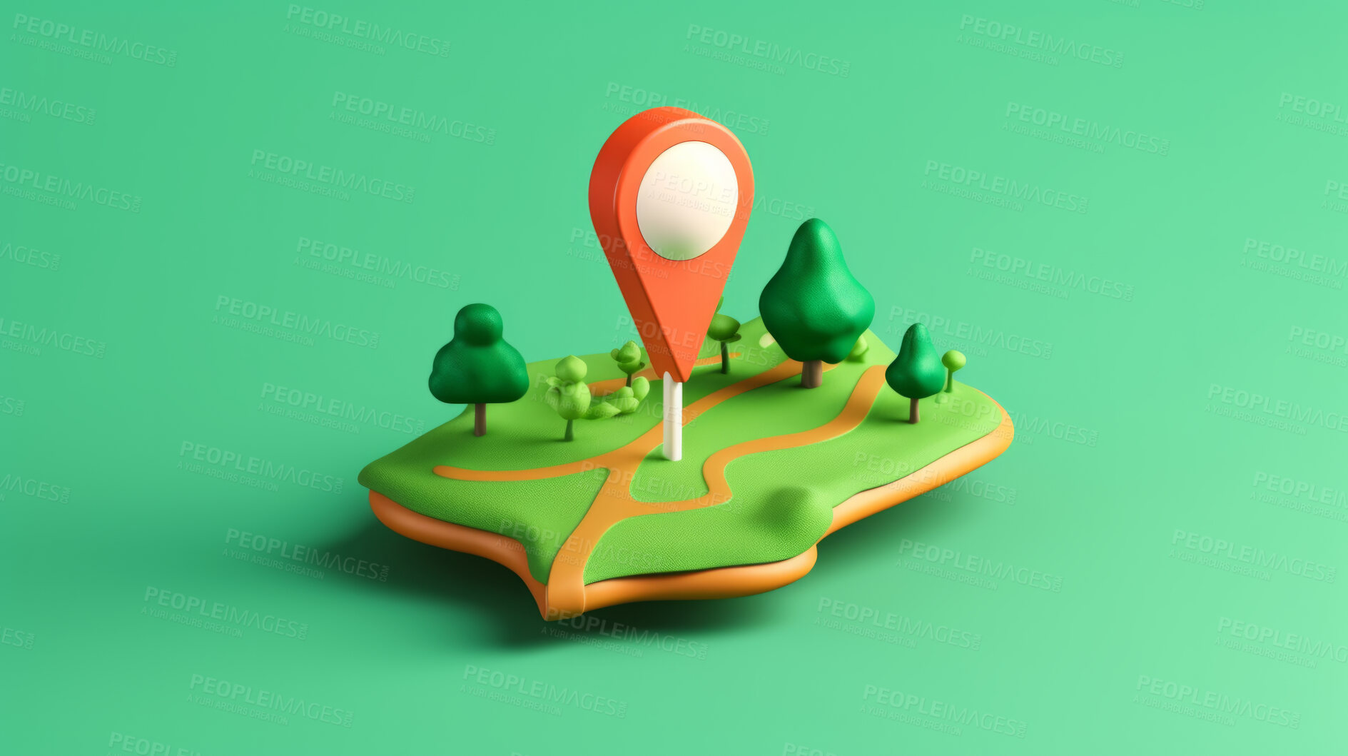 Buy stock photo 3D render of a location or gps icon and a map, against a green background