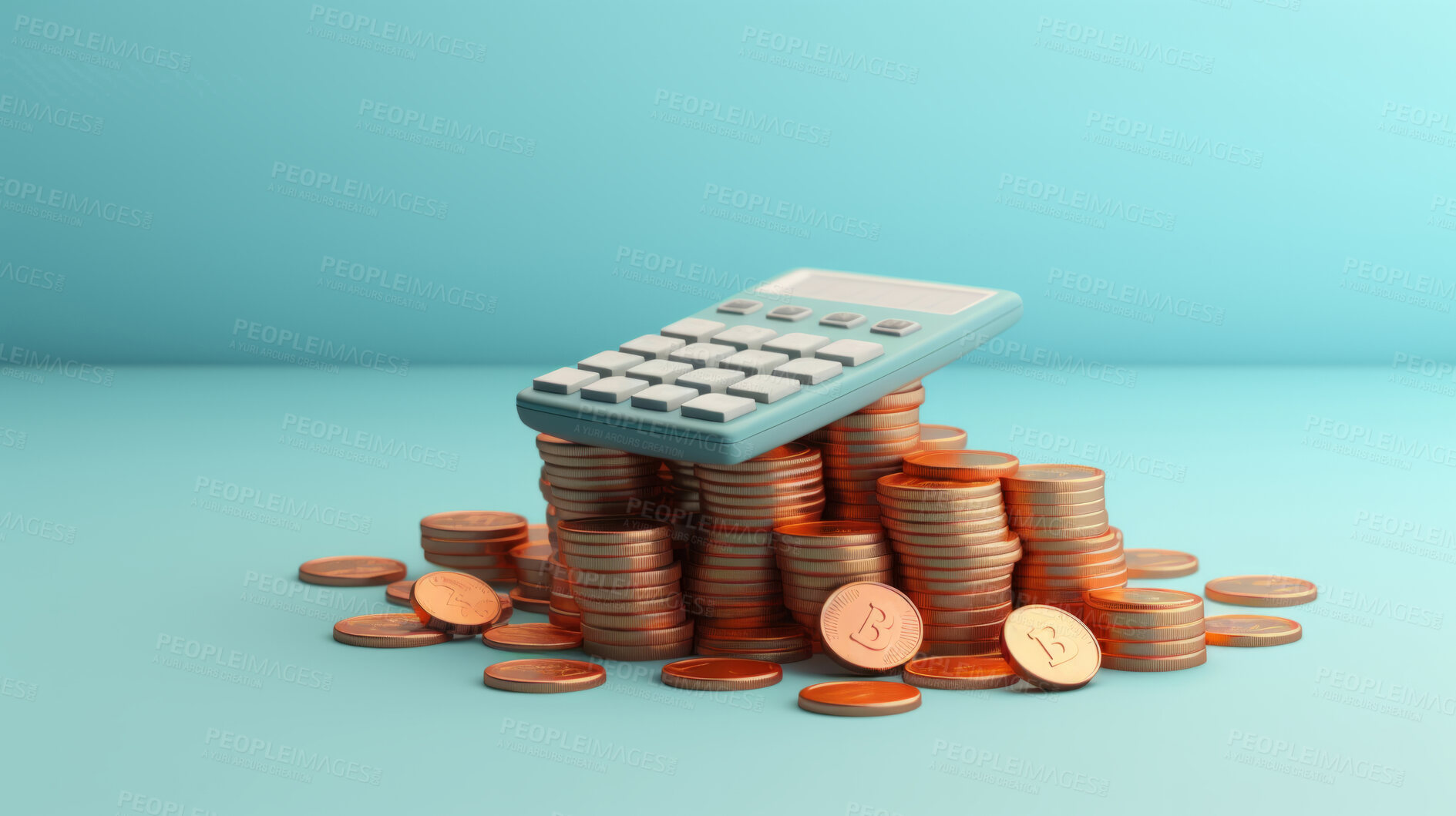 Buy stock photo 3D render of coins for finance, savings and inflation, against a blue background