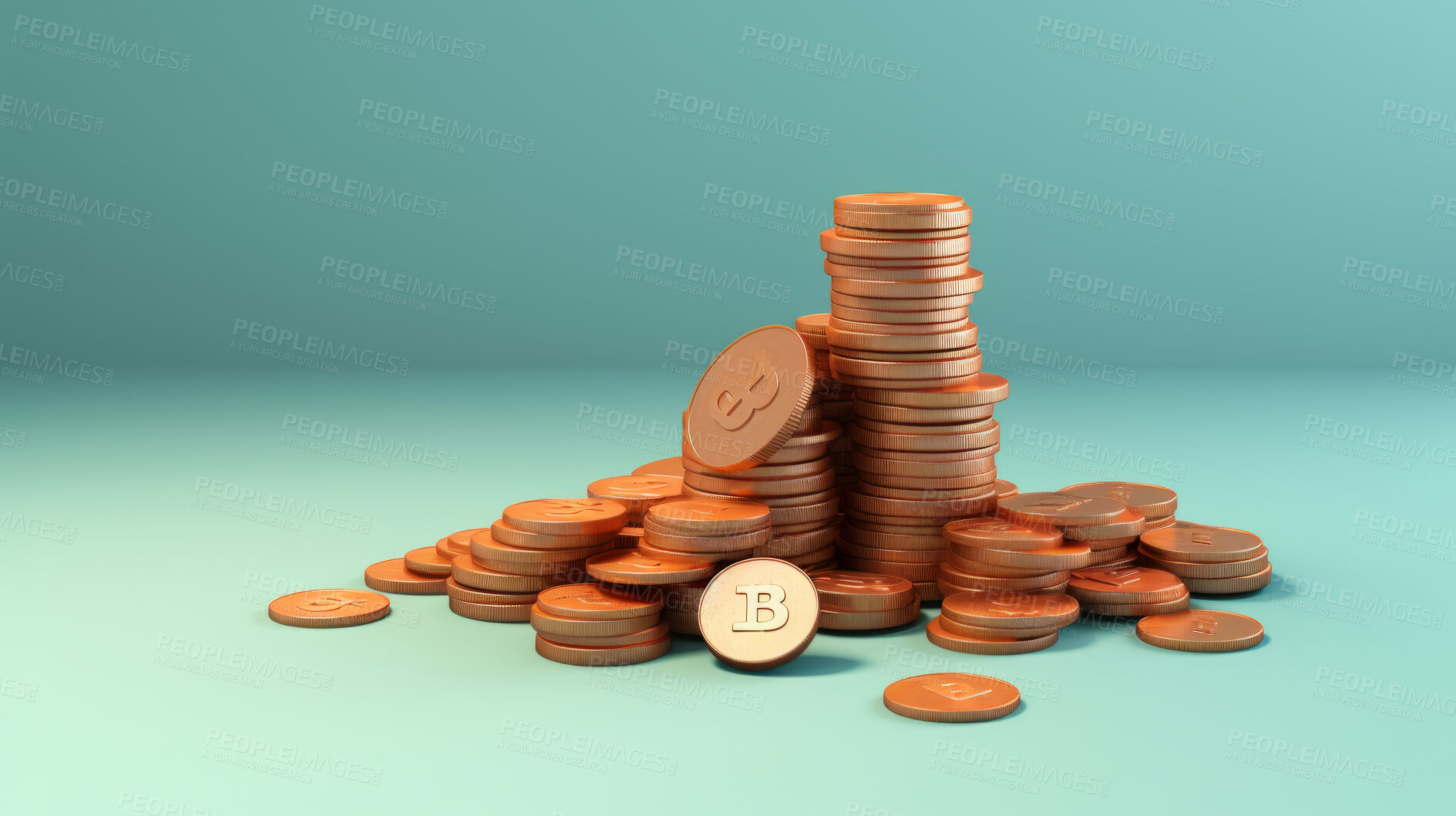 Buy stock photo 3D render of coins for finance, savings and inflation, against a blue background