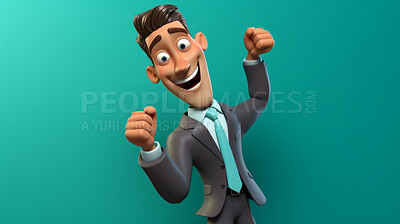 3D Cartoon of a businessman or sales person for virtual reality avatar, against teal background