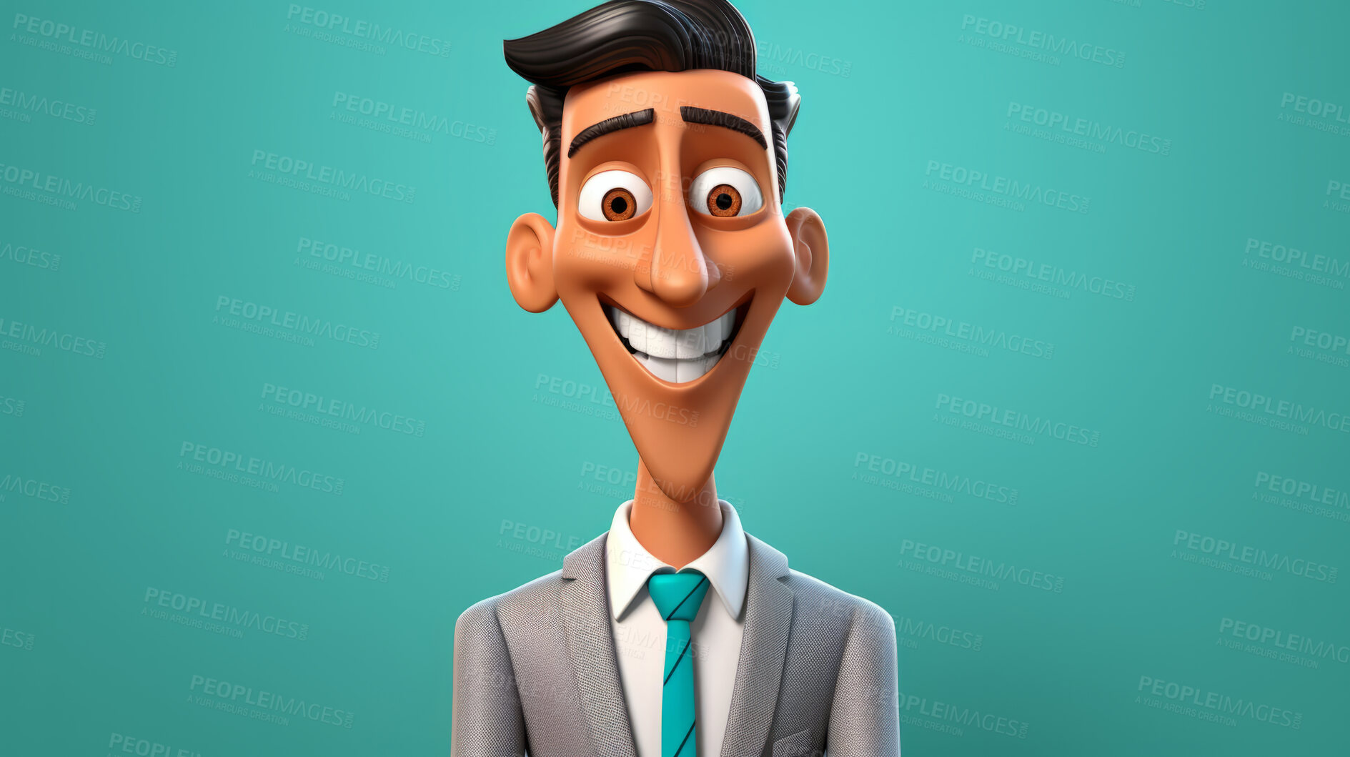 Buy stock photo 3D Cartoon of a businessman or sales person for virtual reality avatar, against teal background