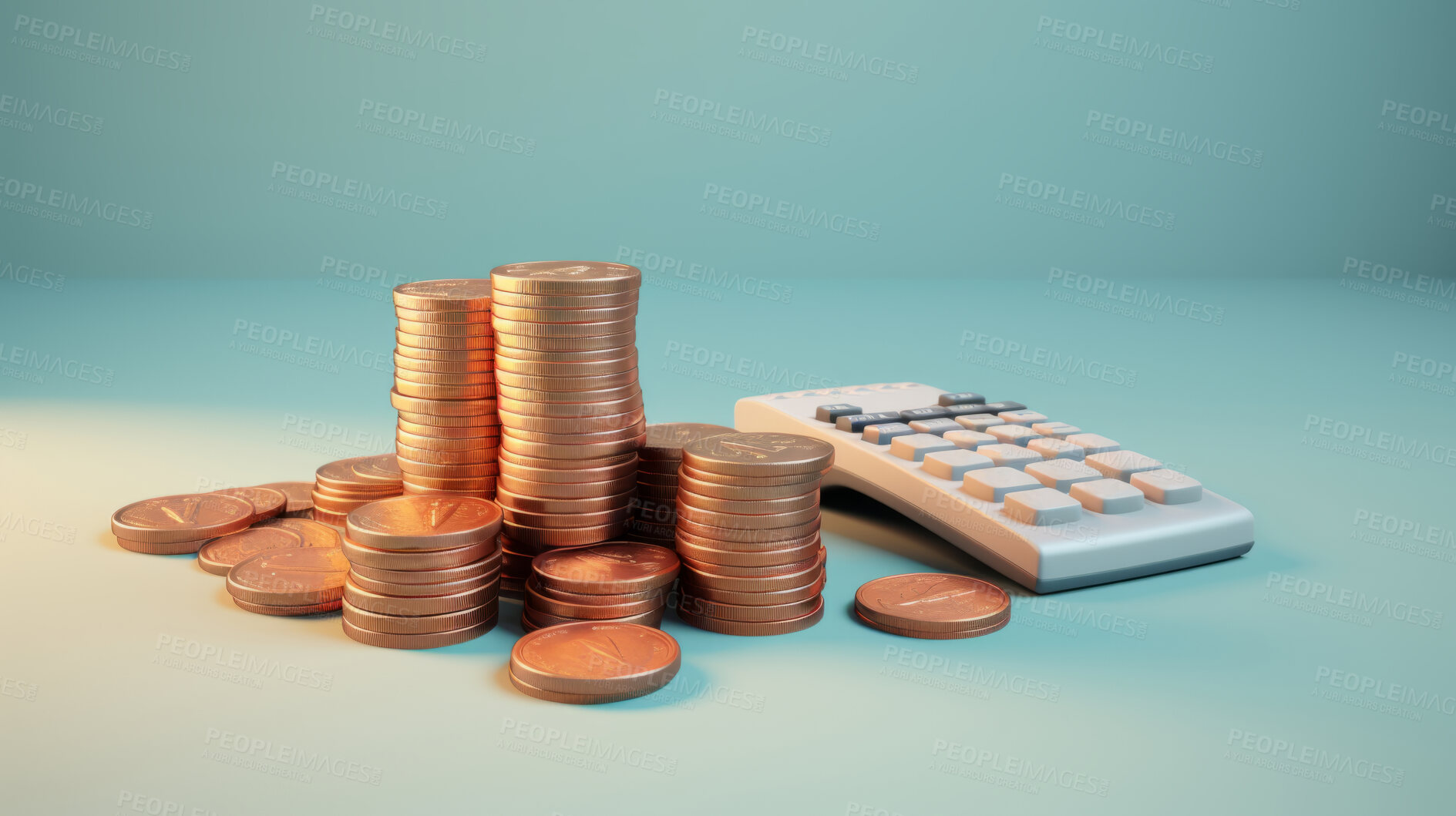 Buy stock photo 3D render of coins for finance, savings and inflation, against a blue background