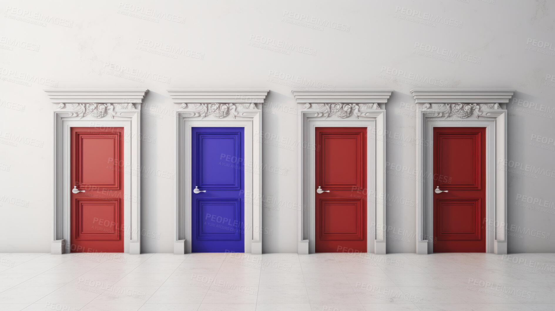 Buy stock photo Four doors illustrating making a decision or choice for the future, or career.