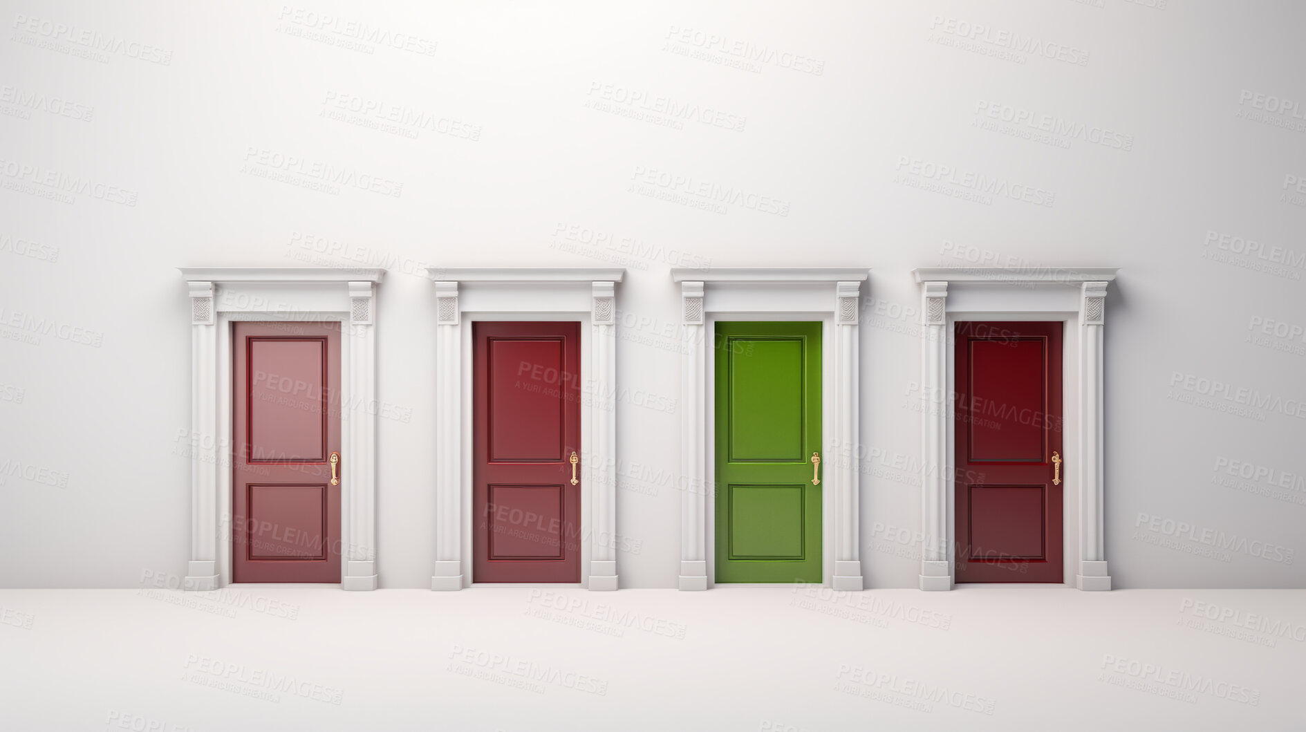 Buy stock photo Four doors illustrating making a decision or choice for the future, or career.