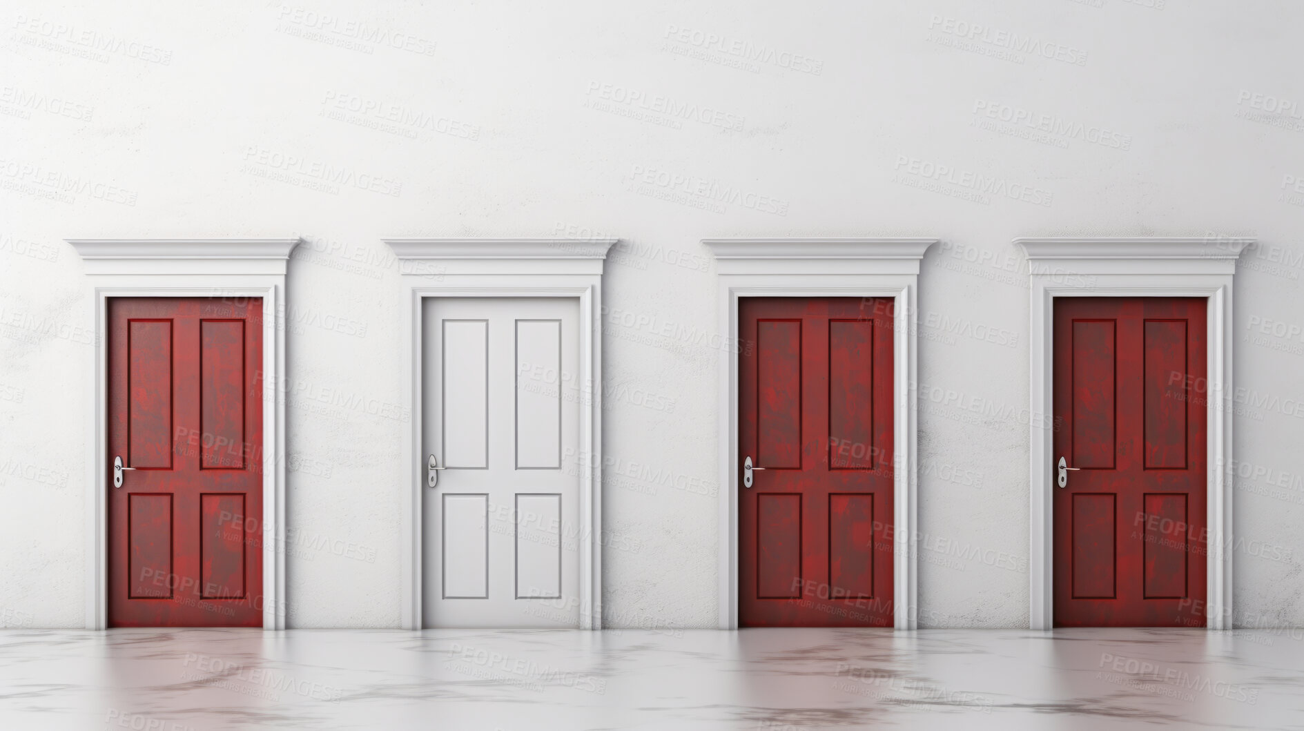 Buy stock photo Four doors illustrating making a decision or choice for the future, or career.