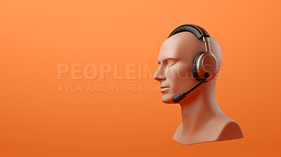 Buy stock photo 3D render of a call centre agent mannequin, wearing a headset against an orange background