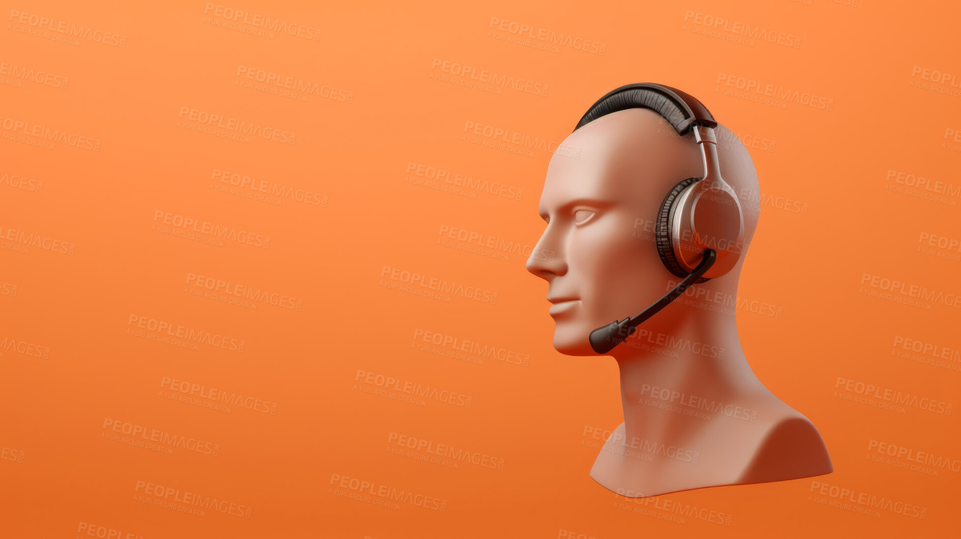 Buy stock photo 3D render of a call centre agent mannequin, wearing a headset against an orange background