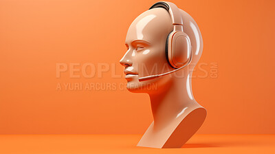 Buy stock photo 3D render of a call centre agent mannequin, wearing a headset against an orange background