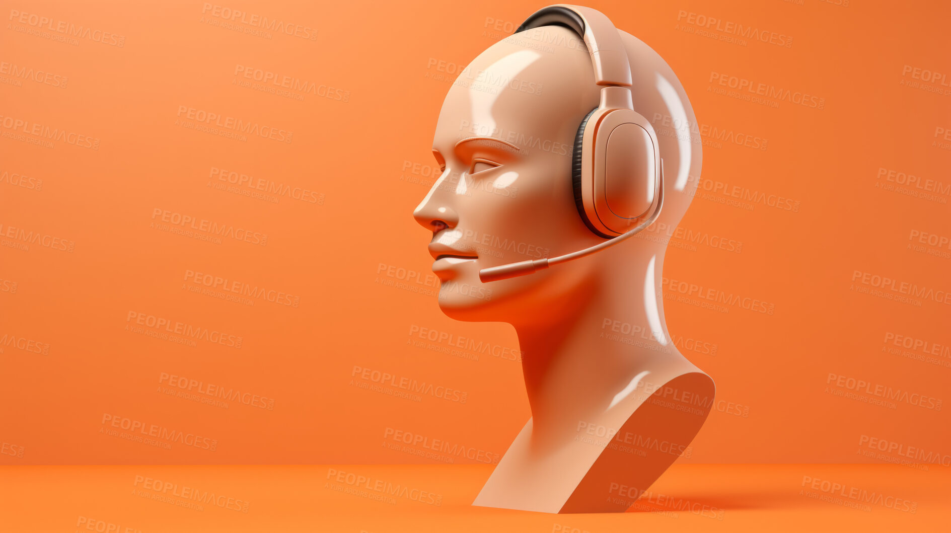 Buy stock photo 3D render of a call centre agent mannequin, wearing a headset against an orange background