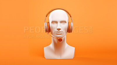 Buy stock photo 3D render of a call centre agent mannequin, wearing a headset against an orange background