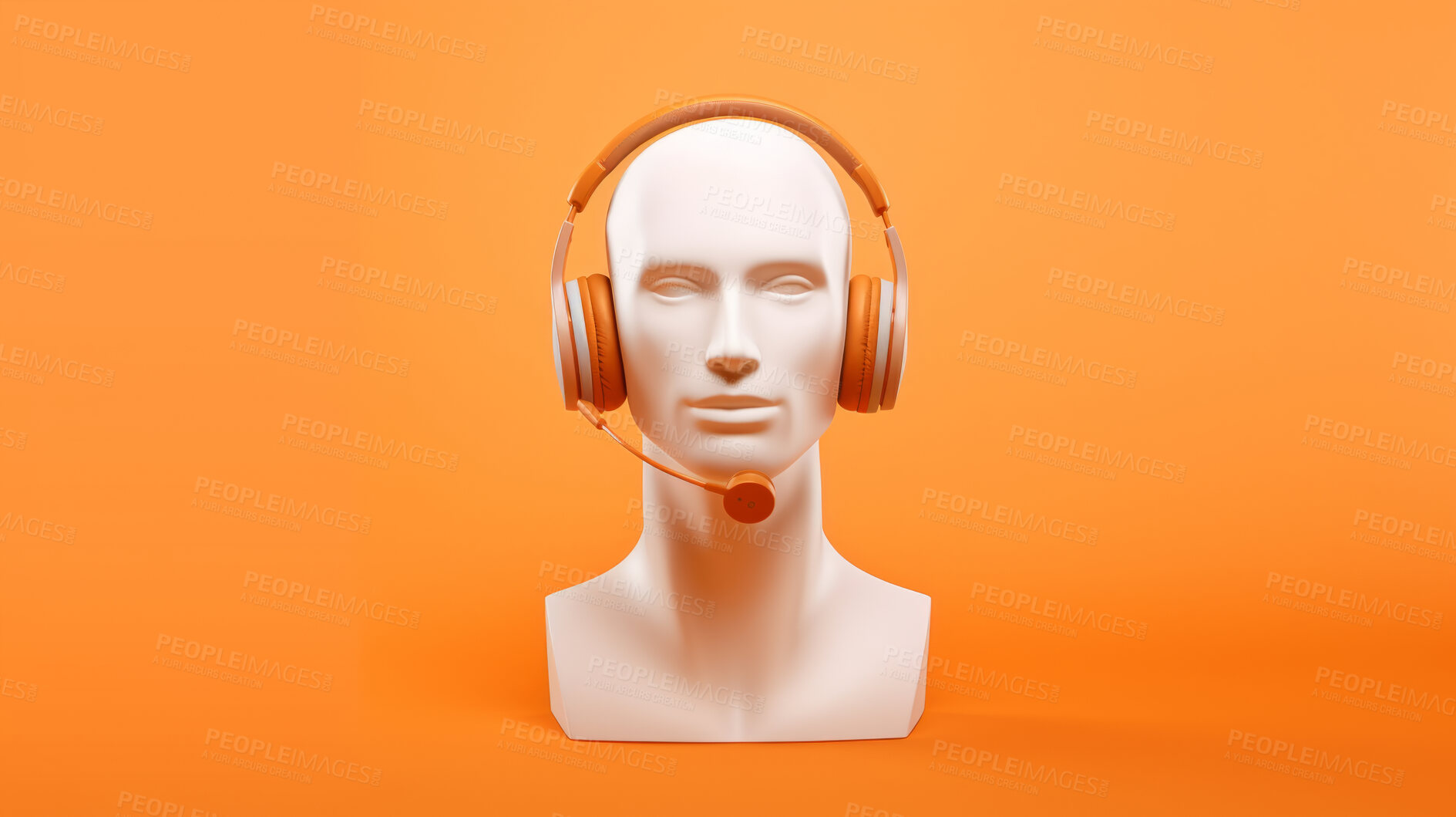 Buy stock photo 3D render of a call centre agent mannequin, wearing a headset against an orange background