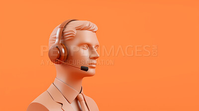 Buy stock photo 3D render of a call centre agent mannequin, wearing a headset against an orange background