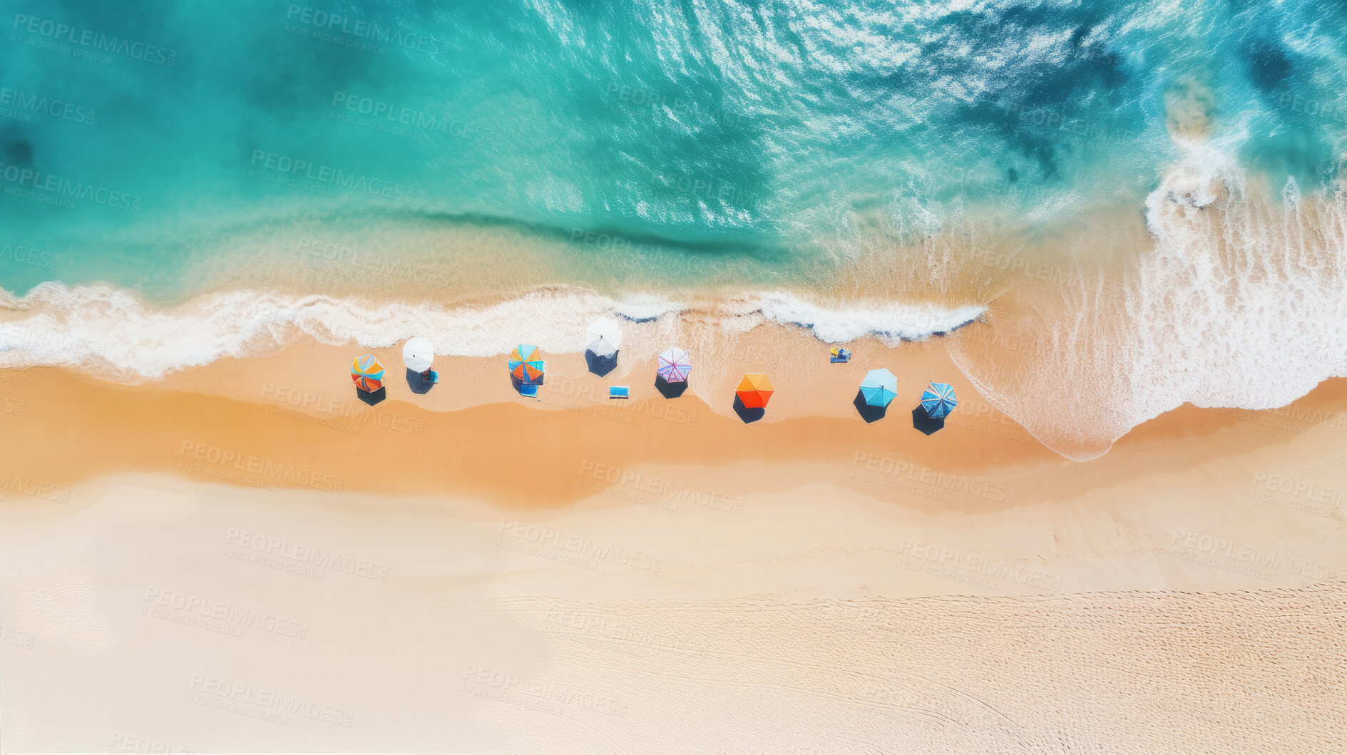 Buy stock photo Aerial drone view of tropical shoreline and waves, clean turquoise beach