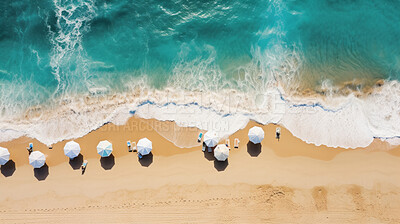 Buy stock photo Aerial drone view of tropical shoreline and waves, clean turquoise beach