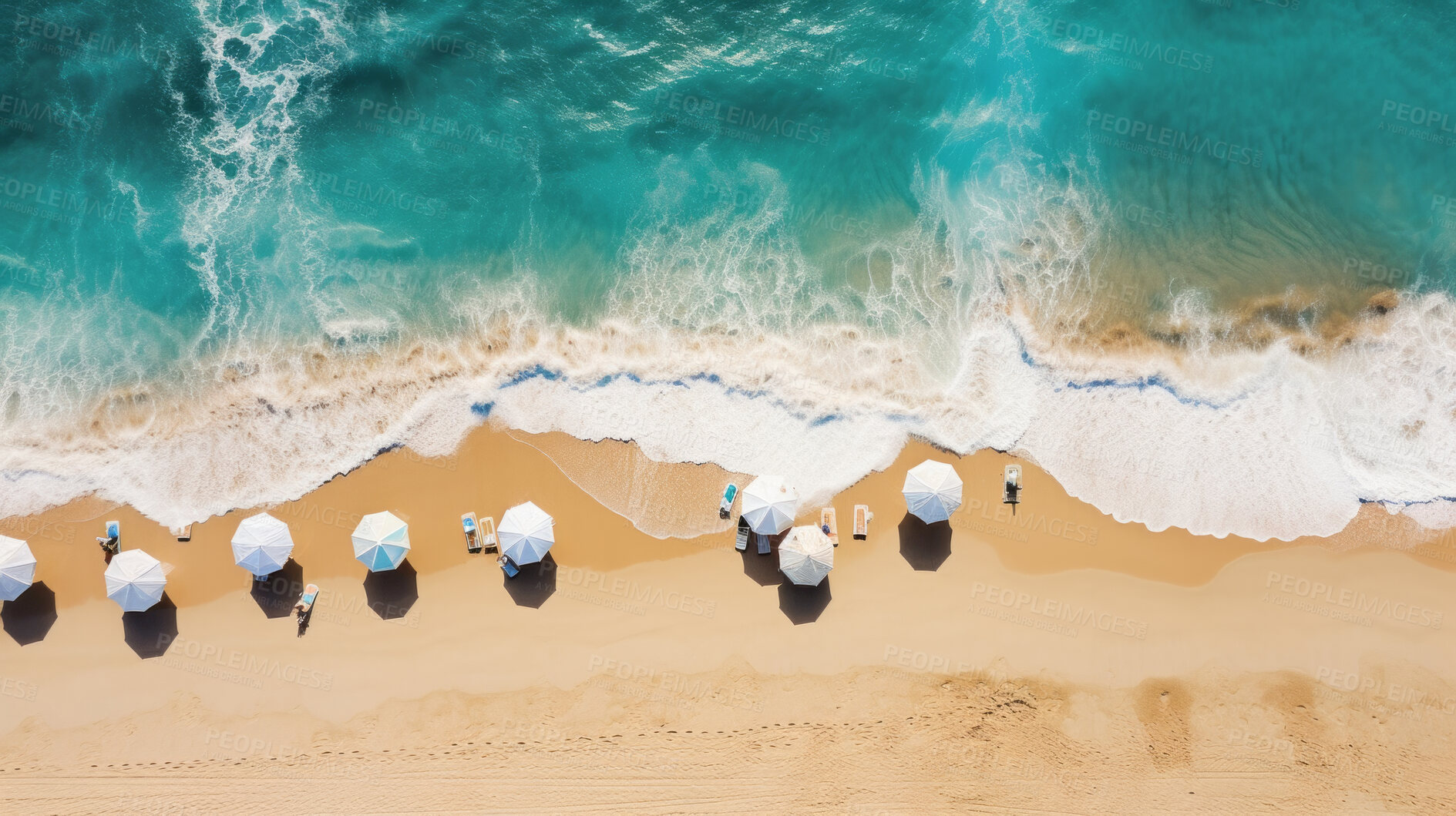 Buy stock photo Aerial drone view of tropical shoreline and waves, clean turquoise beach