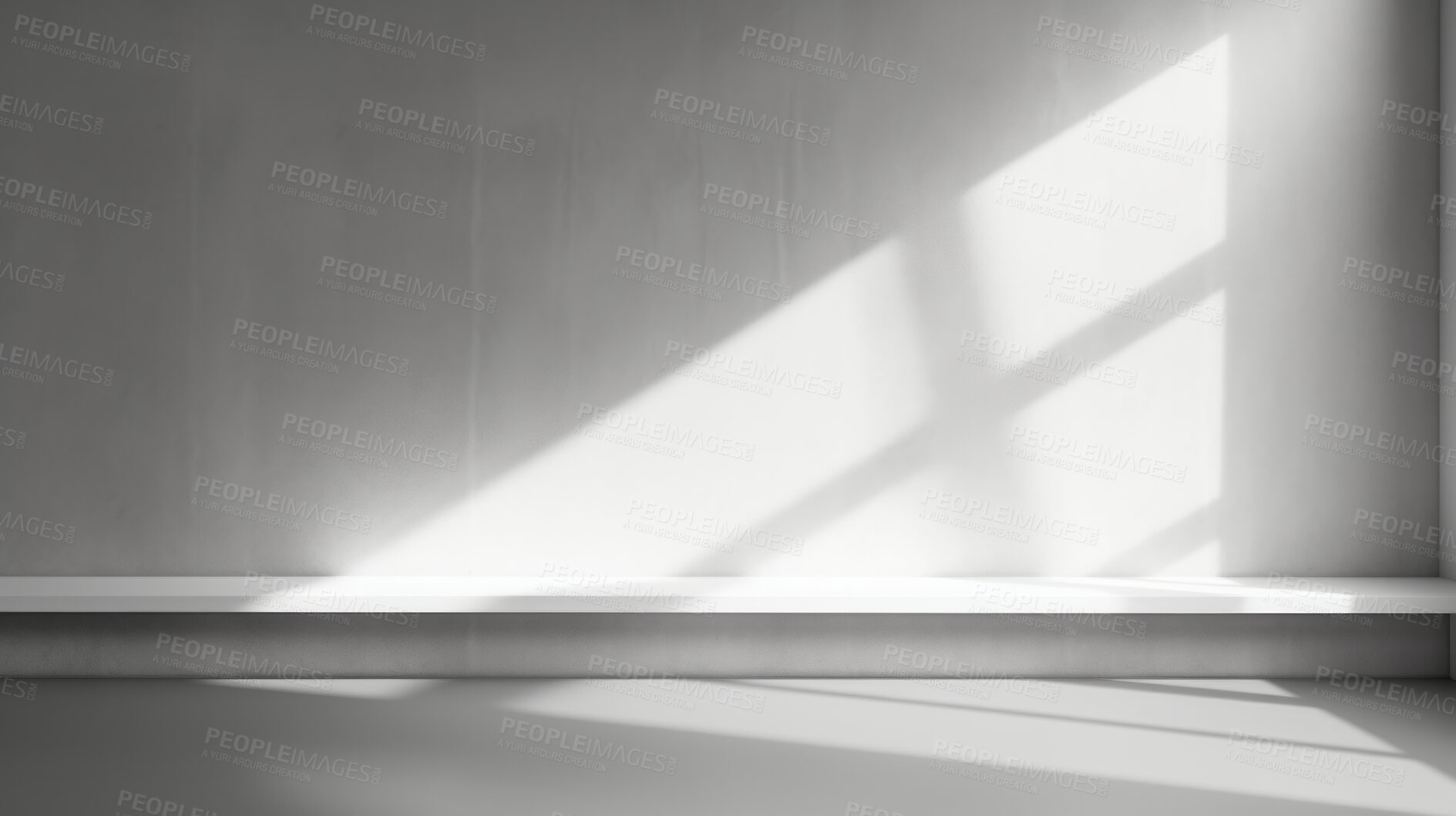 Buy stock photo Light and shadows lines on a white wall. Blank or empty wall mockup for copy space