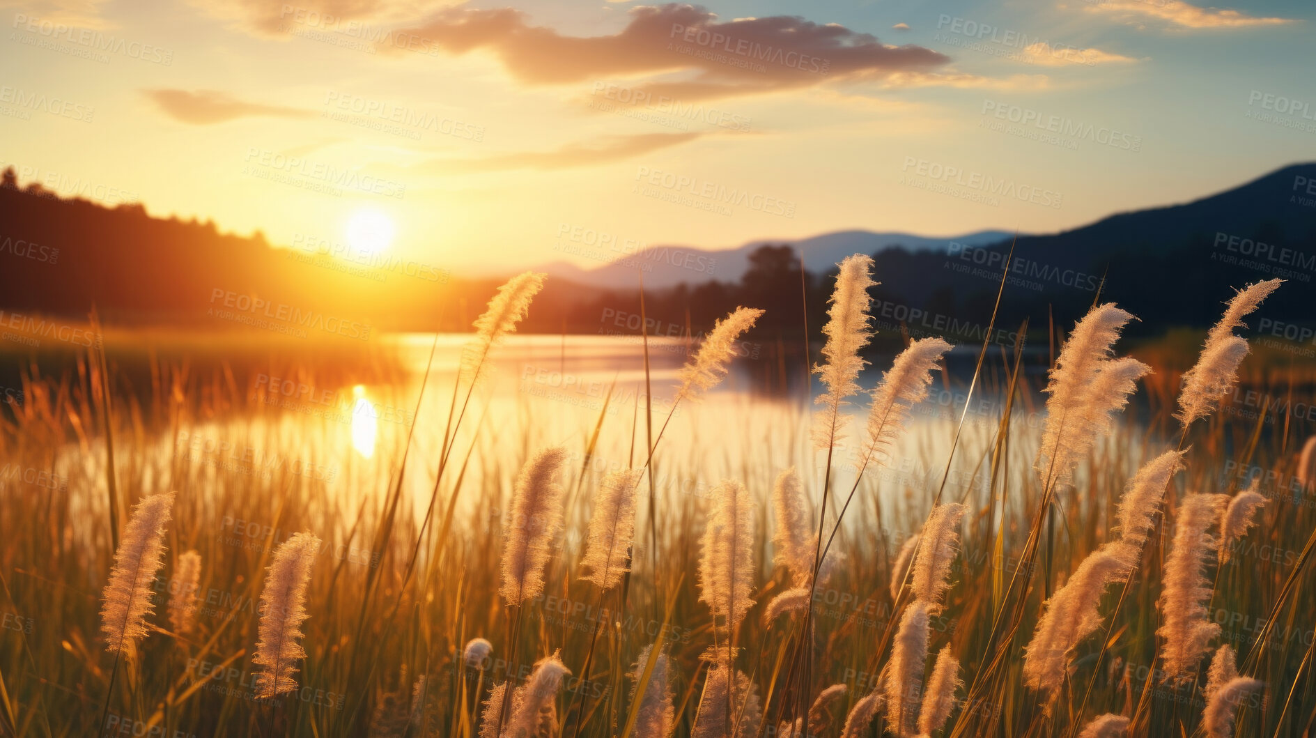 Buy stock photo Summer sunset or sunrise landscape with a plain wild field and a lake on background