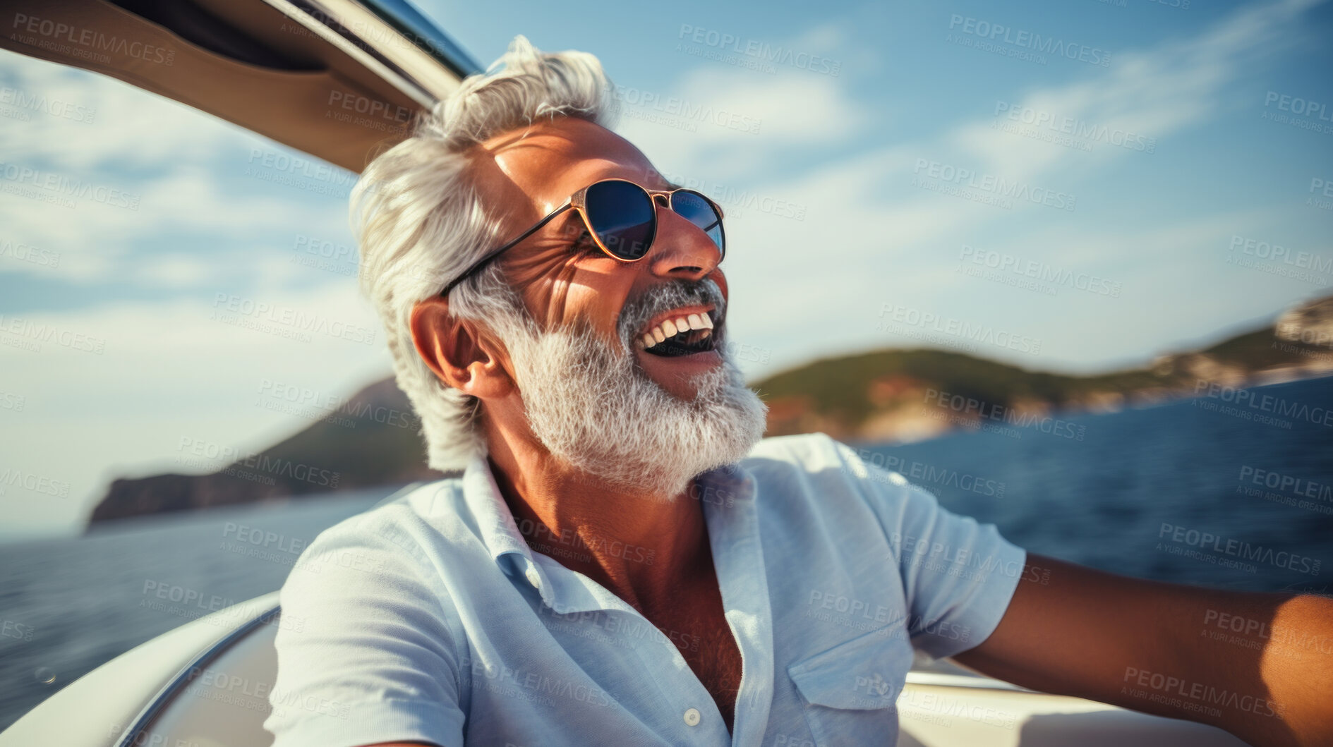 Buy stock photo Portrait of happy senior man laughing smiling while sailing a boat in Italy or on vacation