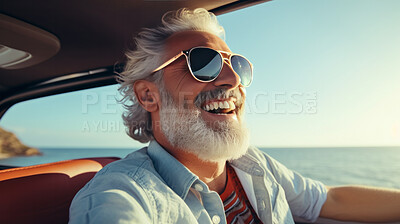 Buy stock photo Portrait of happy rich senior man smiling while driving while on vacation or holiday