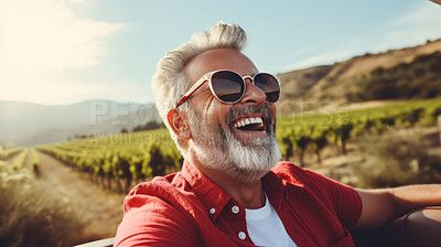 Buy stock photo Portrait of happy senior man laughing smiling while driving on a rural road on vacation