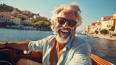 Buy stock photo Portrait of happy senior man laughing smiling while sailing a boat in Italy or on vacation