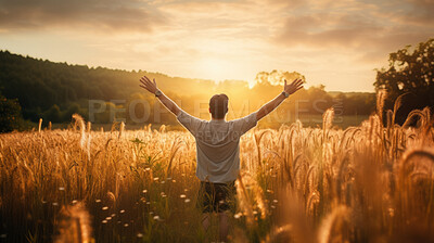 Buy stock photo Happy and joyful man raising arms in a rural field. Man praising or worship in sunset