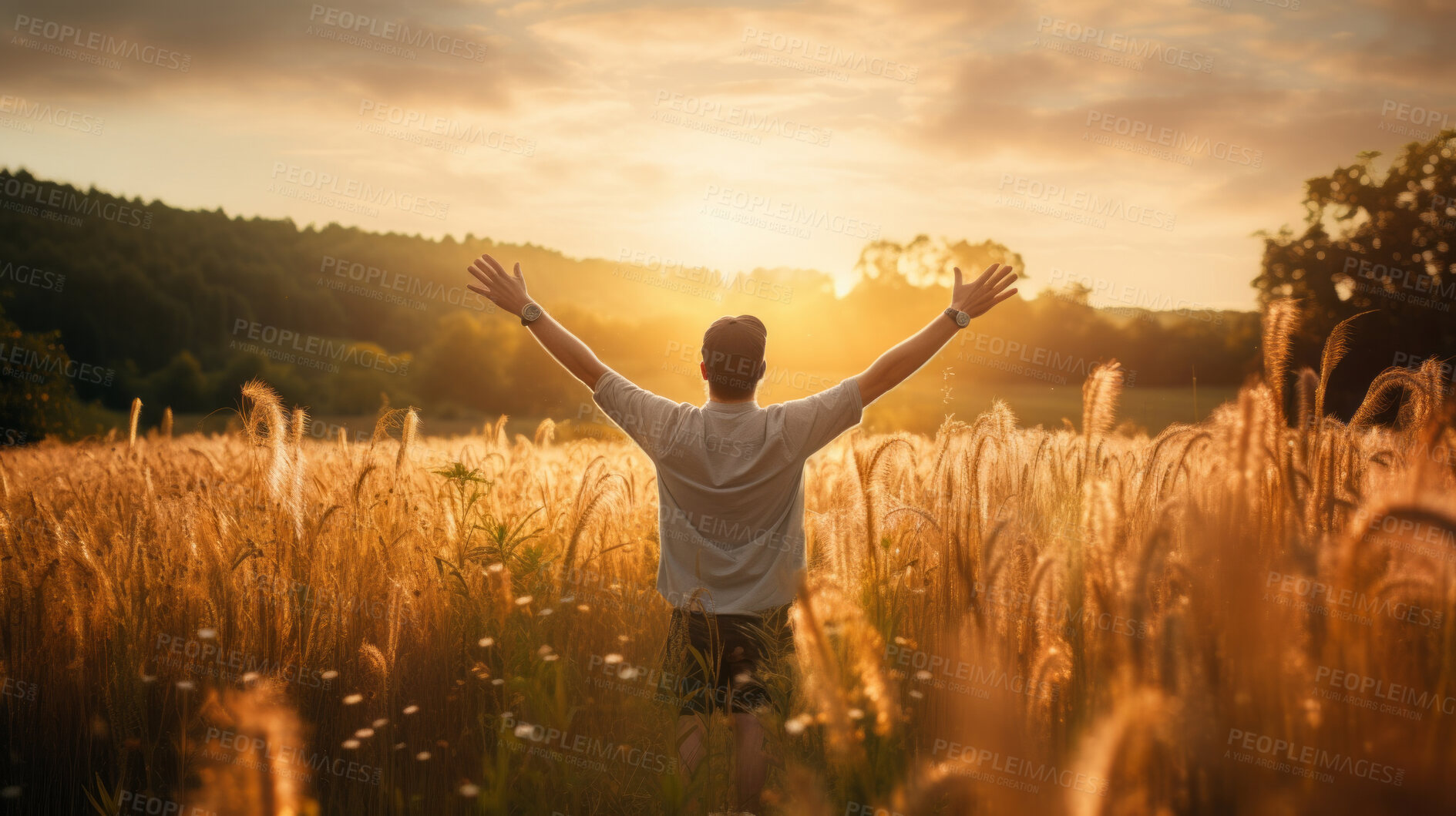 Buy stock photo Happy and joyful man raising arms in a rural field. Man praising or worship in sunset