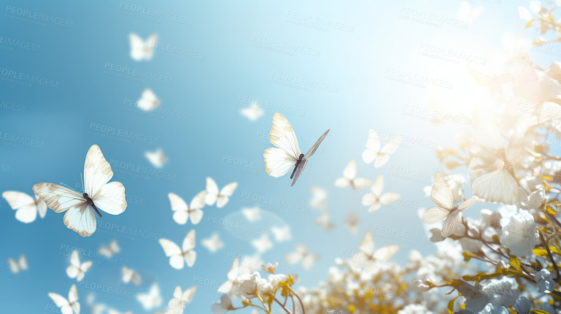 Buy stock photo Beautiful summer background with field of wild flowers and flying butterflies