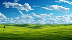 Natural panorama green field with cloudy blue sky. Greenland background