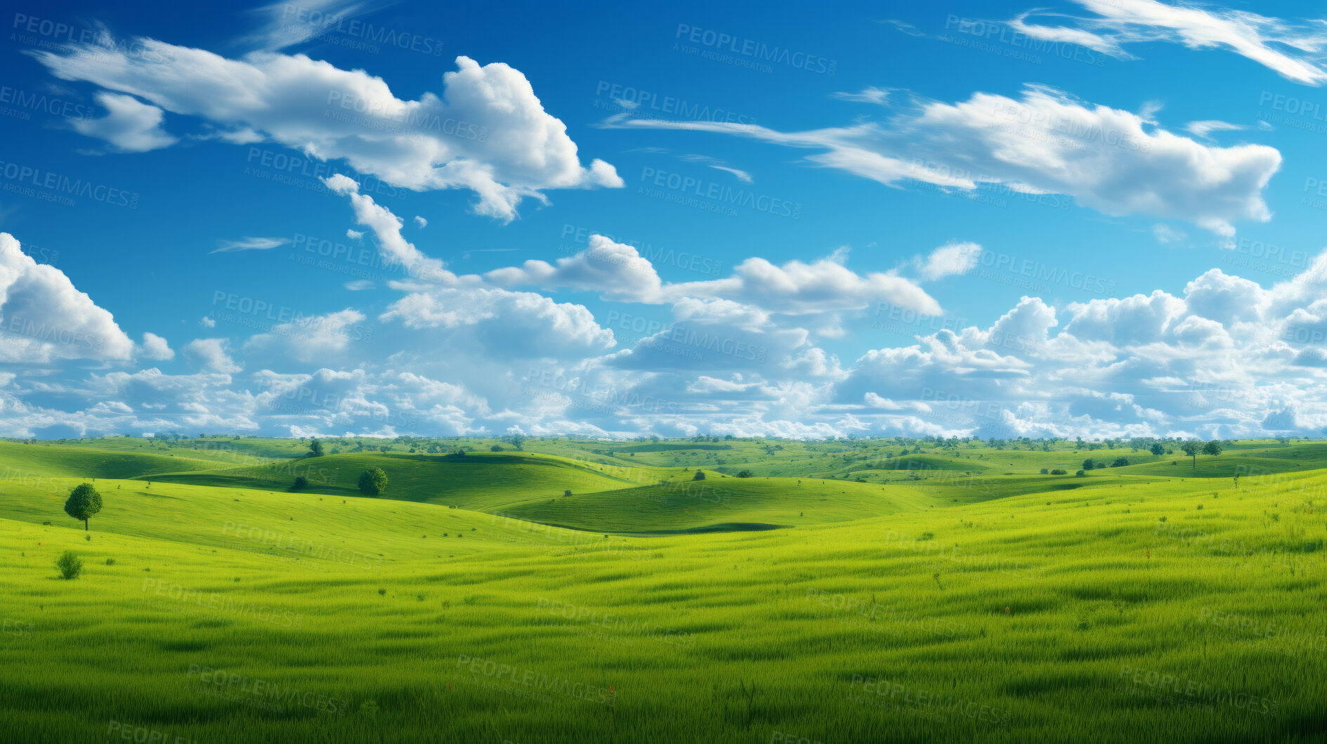 Buy stock photo Natural panorama green field with cloudy blue sky. Greenland background
