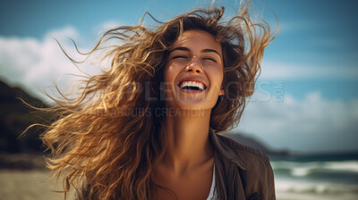 Buy stock photo Portrait of a young woman at the beach enjoying free time and freedom outdoors
