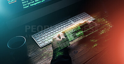Buy stock photo Dark, hologram and a hacker for cyber security, cloud computing or connection to computer system. Graphic, night and hands of a person typing on a pc for government information or data center network
