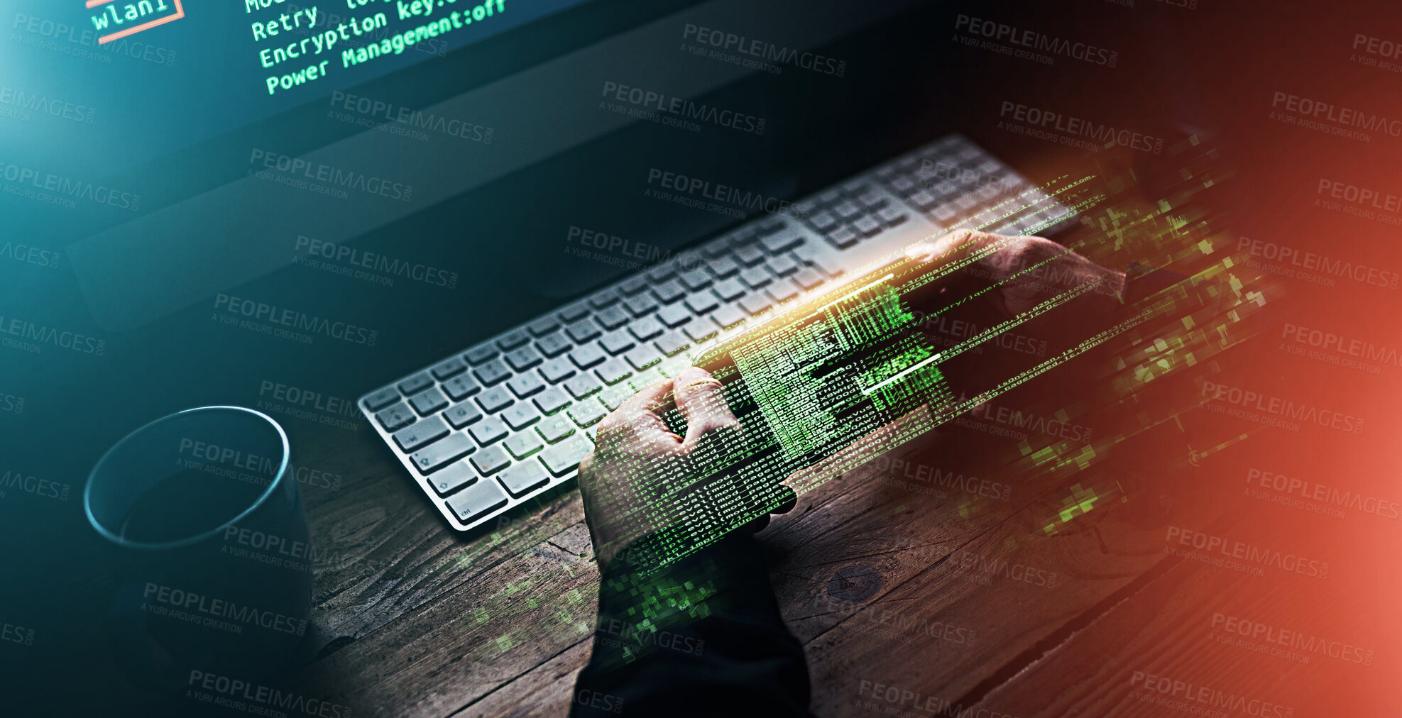 Buy stock photo Dark, hologram and a hacker for cyber security, cloud computing or connection to computer system. Graphic, night and hands of a person typing on a pc for government information or data center network