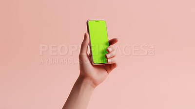 Buy stock photo 3D render of a hand holding a cellphone with copy space or screen for your app design