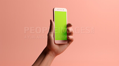 Buy stock photo 3D render of a hand holding a cellphone with copy space or screen for your app design