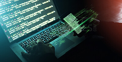 Buy stock photo Dark, hologram and a hacker for cyber security, coding or connection to computer system. Futuristic, night and hands of a person typing on a pc for government information or data center network