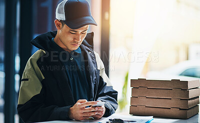 Buy stock photo Cropped shot of a young man making a pizza delivery in an office