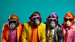 Monkeys wearing human clothes. Abstract art background copyspace concept.