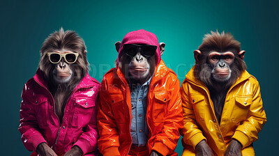 Monkeys wearing human clothes. Abstract art background copyspace concept.