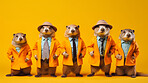 Beavers wearing human clothes. Abstract art background copyspace concept.